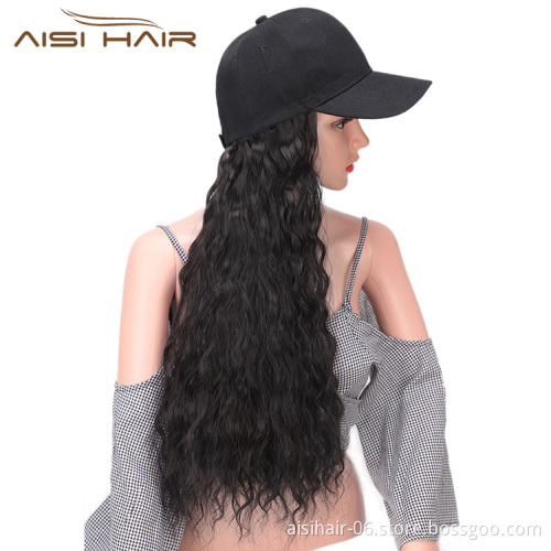 Aisi Hair Baseball Hat with Water Wave Hair Extensions Black Hat with Long Synthetic Hair Extensions for Girls Easy to Wear